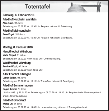 Anzeige von Totentafel vom 06.02.2016 von MGO