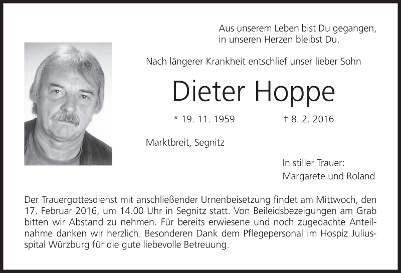  Traueranzeige für Dieter Hoppe vom 13.02.2016 aus MGO