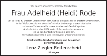Anzeige von Adelheid Rode von MGO