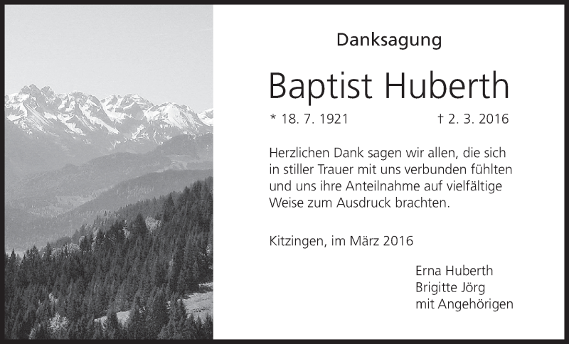  Traueranzeige für Baptist Huberth vom 19.03.2016 aus MGO