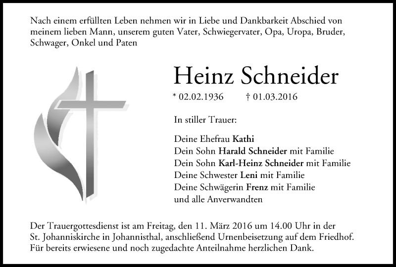  Traueranzeige für Heinz Schneider vom 09.03.2016 aus MGO