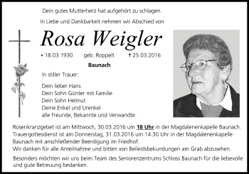 Anzeige von Rosa Weigler von MGO