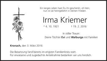 Anzeige von Irma Kriemer von MGO