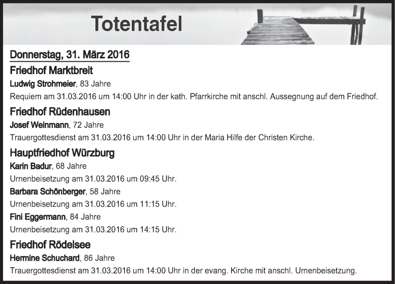  Traueranzeige für Totentafel vom 31.03.2016 vom 31.03.2016 aus MGO
