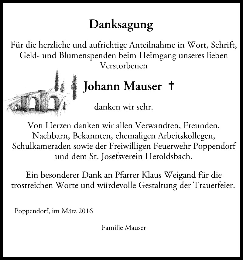  Traueranzeige für Johann Mauser vom 19.03.2016 aus MGO