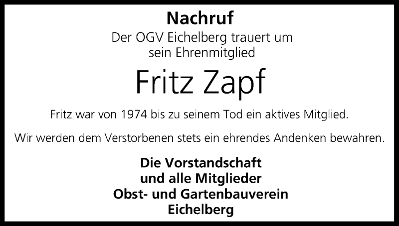  Traueranzeige für Fritz Zapf vom 08.03.2016 aus MGO