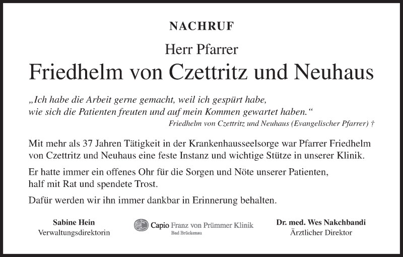  Traueranzeige für Friedhelm von Czettritz und Neuhaus vom 02.03.2016 aus MGO