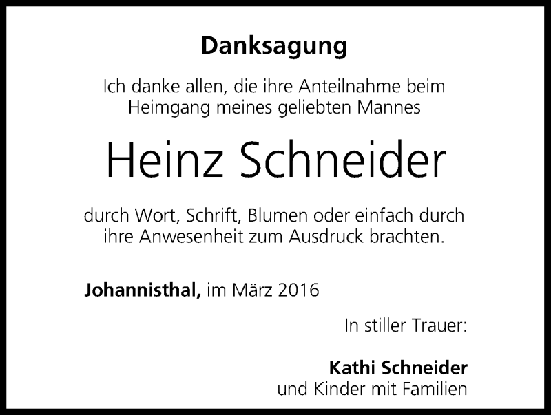  Traueranzeige für Heinz Schneider vom 24.03.2016 aus MGO
