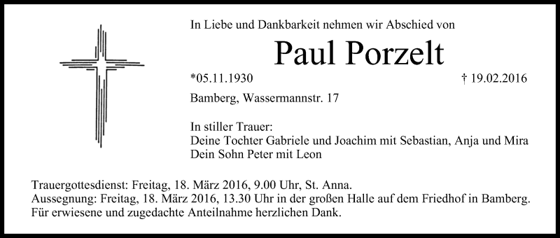  Traueranzeige für Paul Porzelt vom 16.03.2016 aus MGO