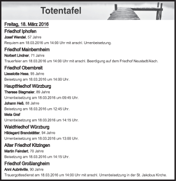 Anzeige von Totentafel vom 18.03.2016 von MGO