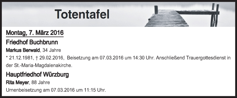  Traueranzeige für Totentafel vom 07.03.2016 vom 07.03.2016 aus MGO