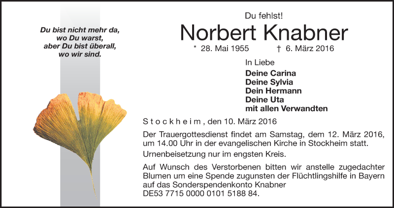  Traueranzeige für Norbert Knabner vom 10.03.2016 aus MGO