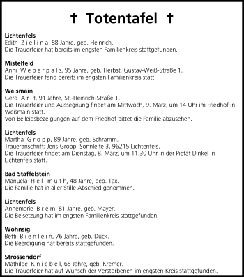 Anzeige von Totentafel vom 08.03.2016 von MGO