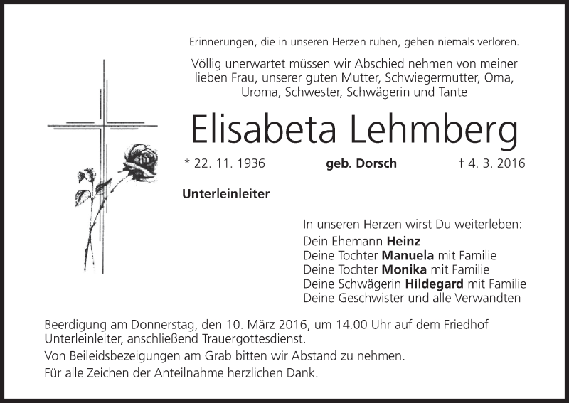  Traueranzeige für Elisabeta Lehmberg vom 07.03.2016 aus MGO