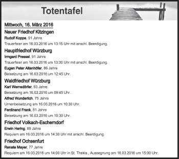 Anzeige von Totentafel vom 16.03.2016 von MGO