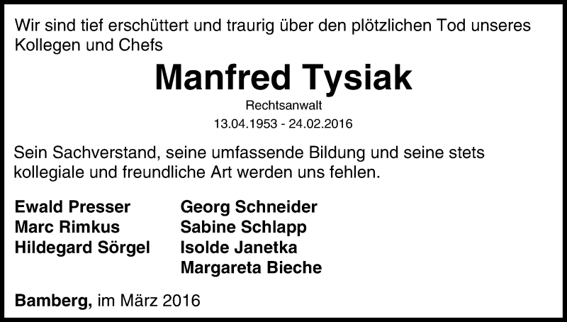  Traueranzeige für Manfred Tysiak vom 03.03.2016 aus MGO