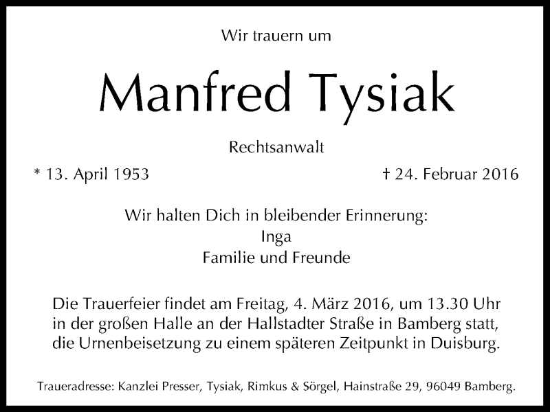  Traueranzeige für Manfred Tysiak vom 02.03.2016 aus MGO