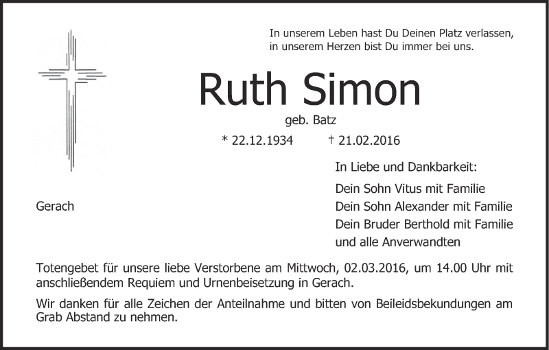  Traueranzeige für Ruth Simon vom 01.03.2016 aus MGO