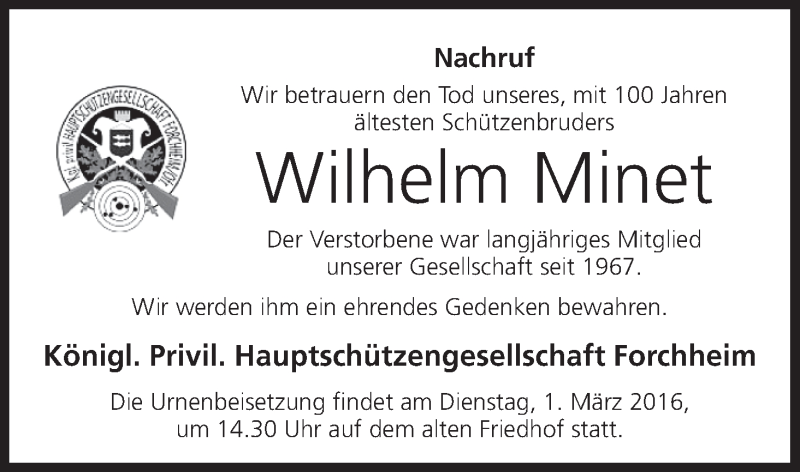  Traueranzeige für Wilhelm Minet vom 01.03.2016 aus MGO