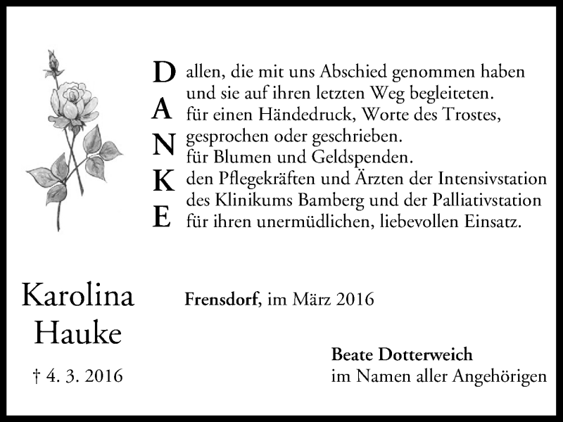  Traueranzeige für Karolina Hauke vom 19.03.2016 aus MGO