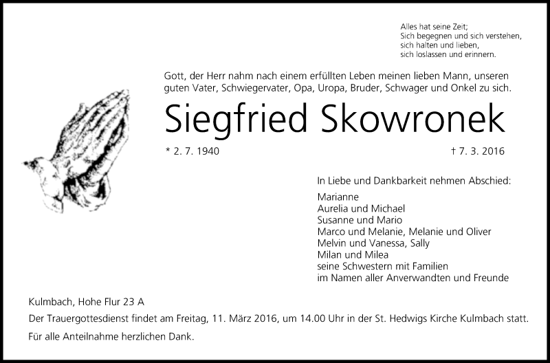  Traueranzeige für Siegfried Skowronek vom 09.03.2016 aus MGO