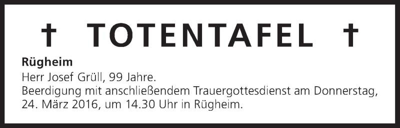  Traueranzeige für Totentafel vom 24.03.2016 vom 24.03.2016 aus MGO