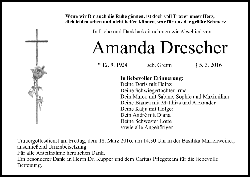  Traueranzeige für Amanda Drescher vom 12.03.2016 aus MGO