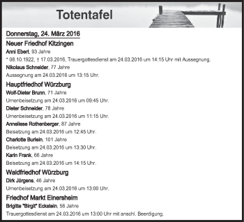 Anzeige von Totentafel vom 24.03.2016 von MGO