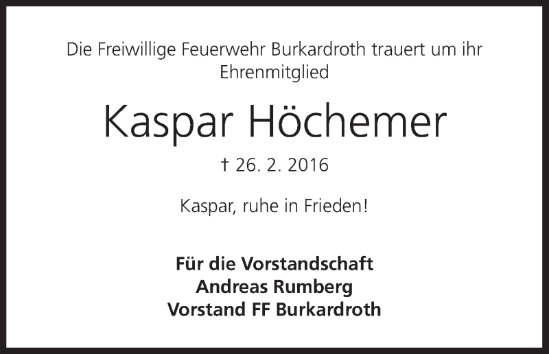  Traueranzeige für Kaspar Höchemer vom 02.03.2016 aus MGO