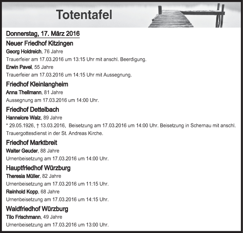  Traueranzeige für Totentafel vom 17.03.2016 vom 17.03.2016 aus MGO