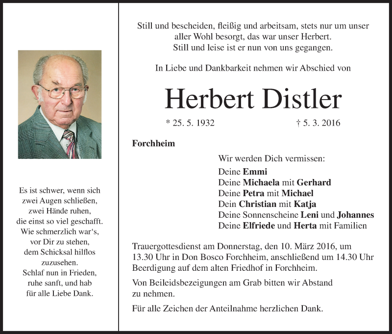  Traueranzeige für Herbert Distler vom 08.03.2016 aus MGO