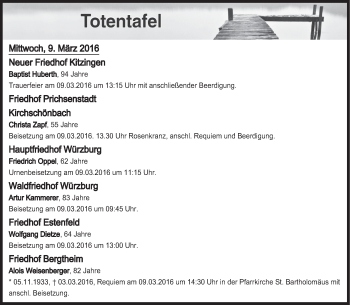 Anzeige von Totentafel vom 09.03.2016 von MGO