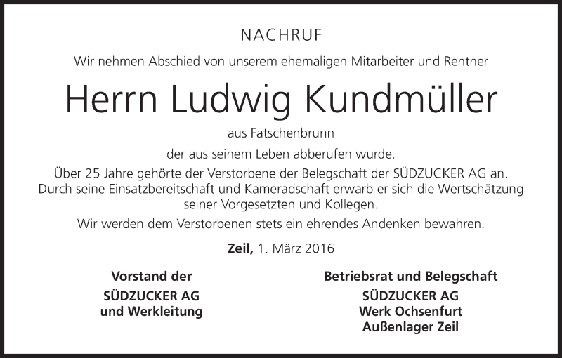  Traueranzeige für Ludwig Kundmüller vom 02.03.2016 aus MGO