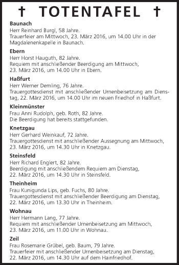 Anzeige von Totentafel vom 22.03.2016 von MGO