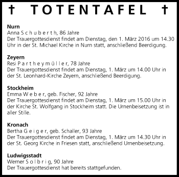 Anzeige von Totentafel vom 01.03.2016 von MGO