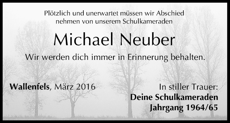  Traueranzeige für Michael Neuber vom 17.03.2016 aus MGO