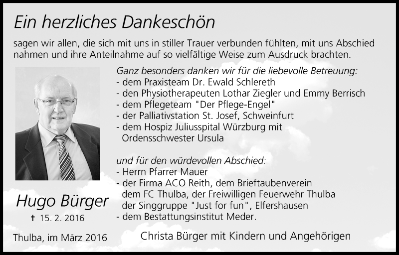  Traueranzeige für Hugo Bürger vom 12.03.2016 aus MGO