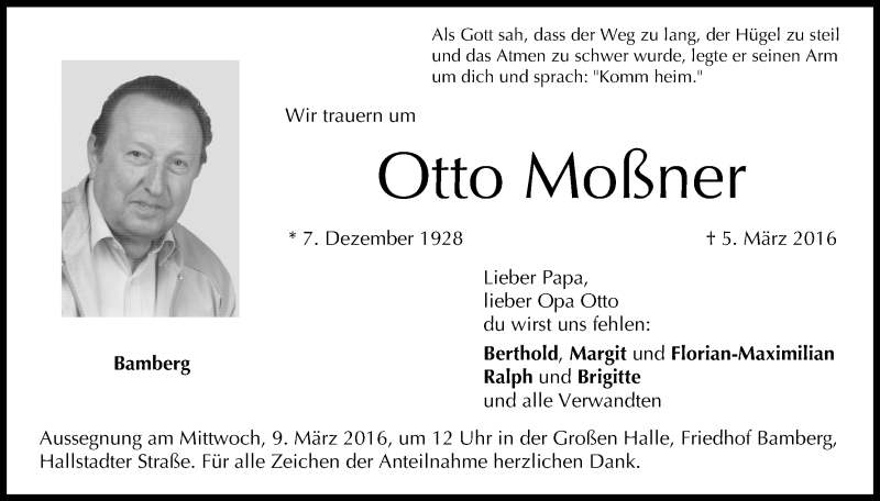  Traueranzeige für Otto Moßner vom 08.03.2016 aus MGO