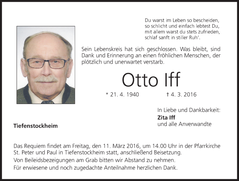  Traueranzeige für Otto Iff vom 10.03.2016 aus MGO