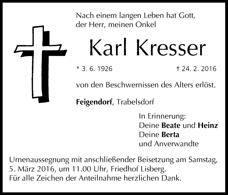  Traueranzeige für Karl Kresser vom 02.03.2016 aus MGO