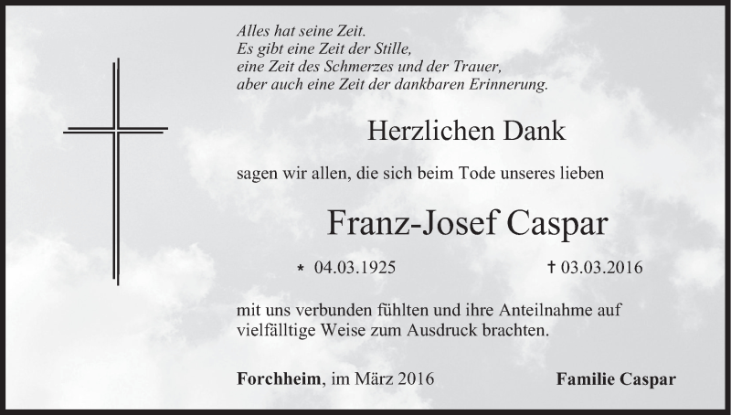  Traueranzeige für Franz-Josef Caspar vom 23.03.2016 aus MGO