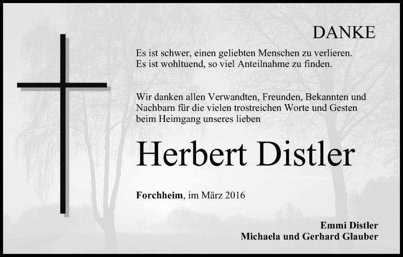  Traueranzeige für Herbert Distler vom 19.03.2016 aus MGO