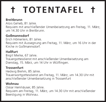 Anzeige von Totentafel vom 10.03.2016 von MGO