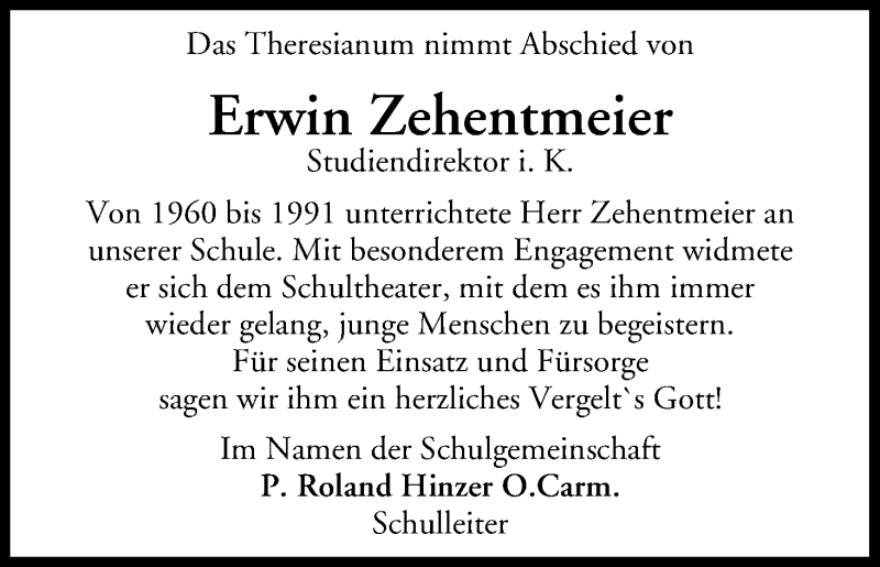  Traueranzeige für Erwin Zehentmeier vom 15.03.2016 aus MGO