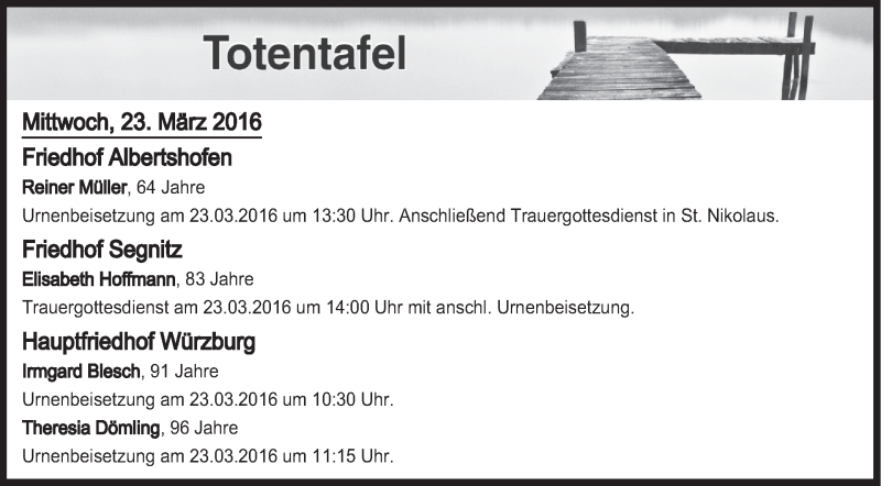  Traueranzeige für Totentafel vom 23.03.2016 vom 23.03.2016 aus MGO