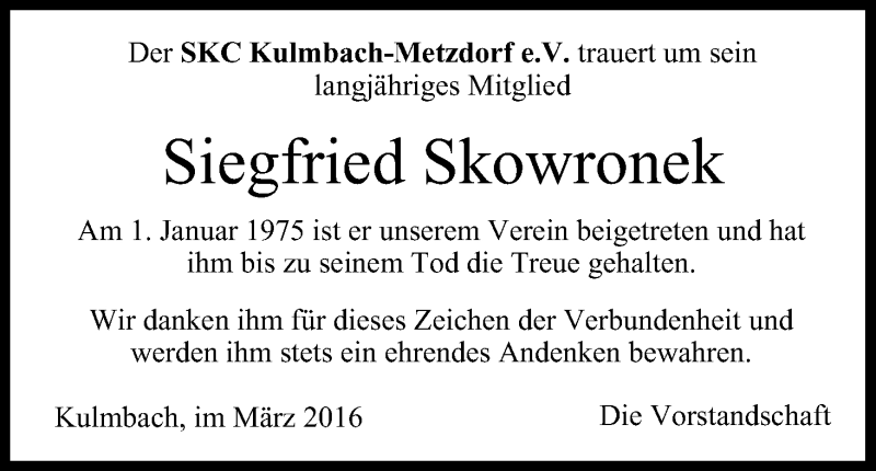  Traueranzeige für Siegfried Skowronek vom 12.03.2016 aus MGO