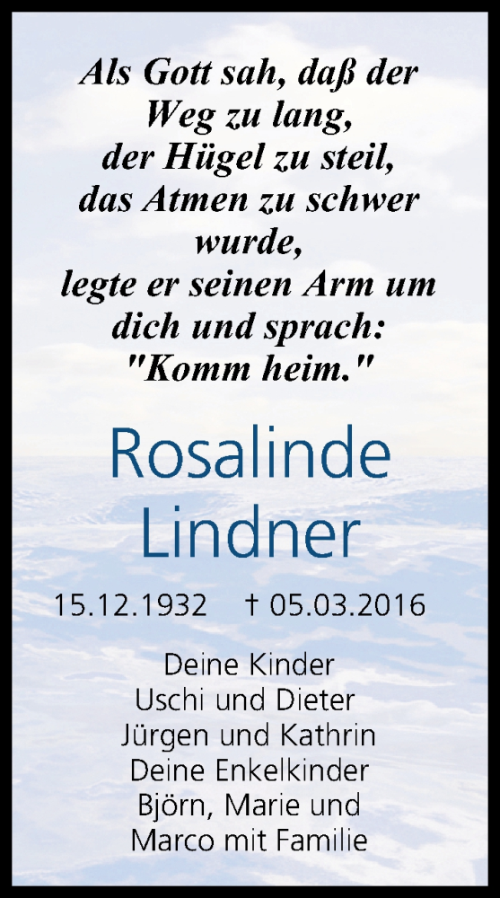  Traueranzeige für Rosalinde Lindner vom 08.03.2016 aus MGO