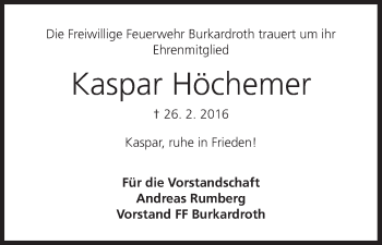 Anzeige von Kaspar Höchemer von MGO