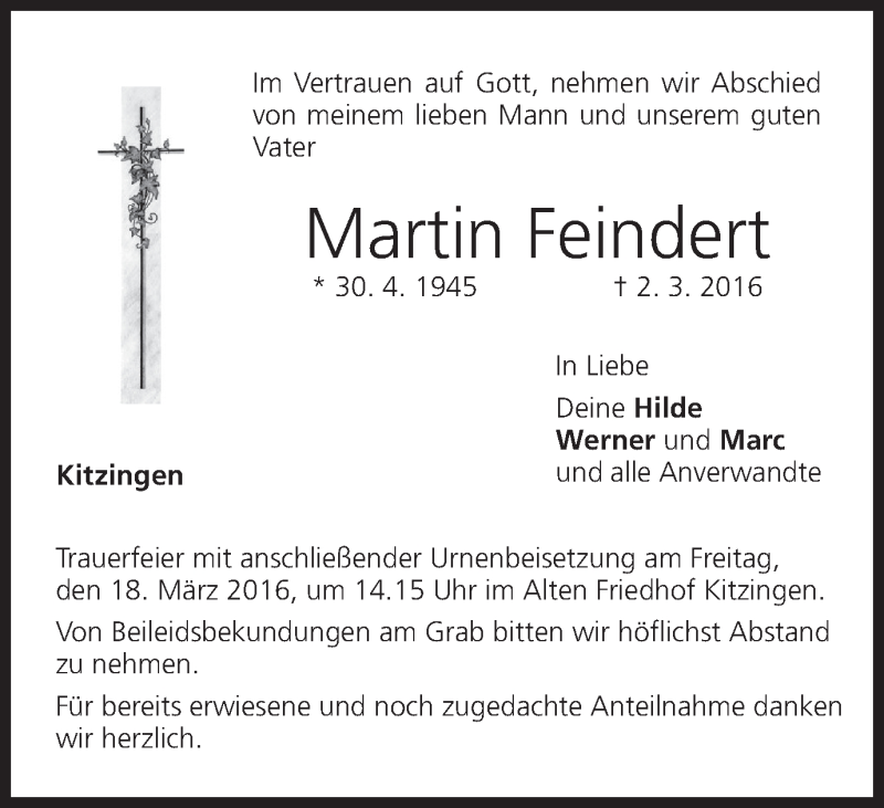  Traueranzeige für Martin Feindert vom 16.03.2016 aus MGO