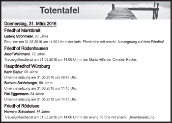 Anzeige von Totentafel vom 31.03.2016 von MGO